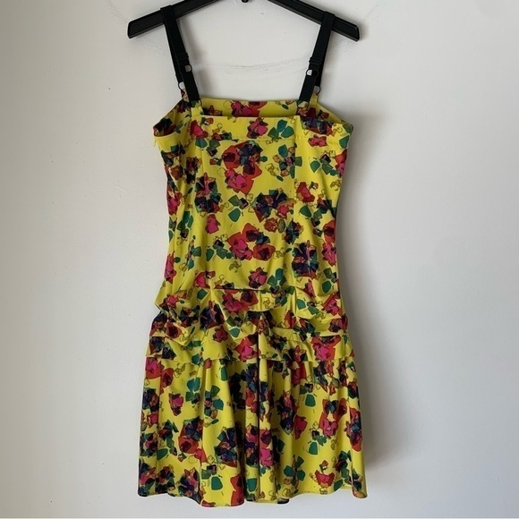Rachel Rachel Roy Chartreuse Yellow Floral Drop Waist Ruffle Mini Dress Size 10 - Picture 2 of 11